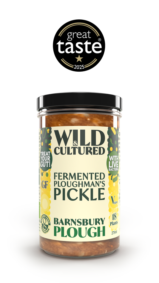 Jar of Wild & Cultured fermented organic ploughman's pickle with a Great Taste award badge on a white background